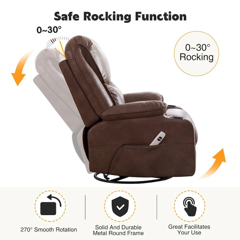 Fauteuil inclinable électrique pivotant et berçant en similicuir de 34,2 po de largeur avec port USB