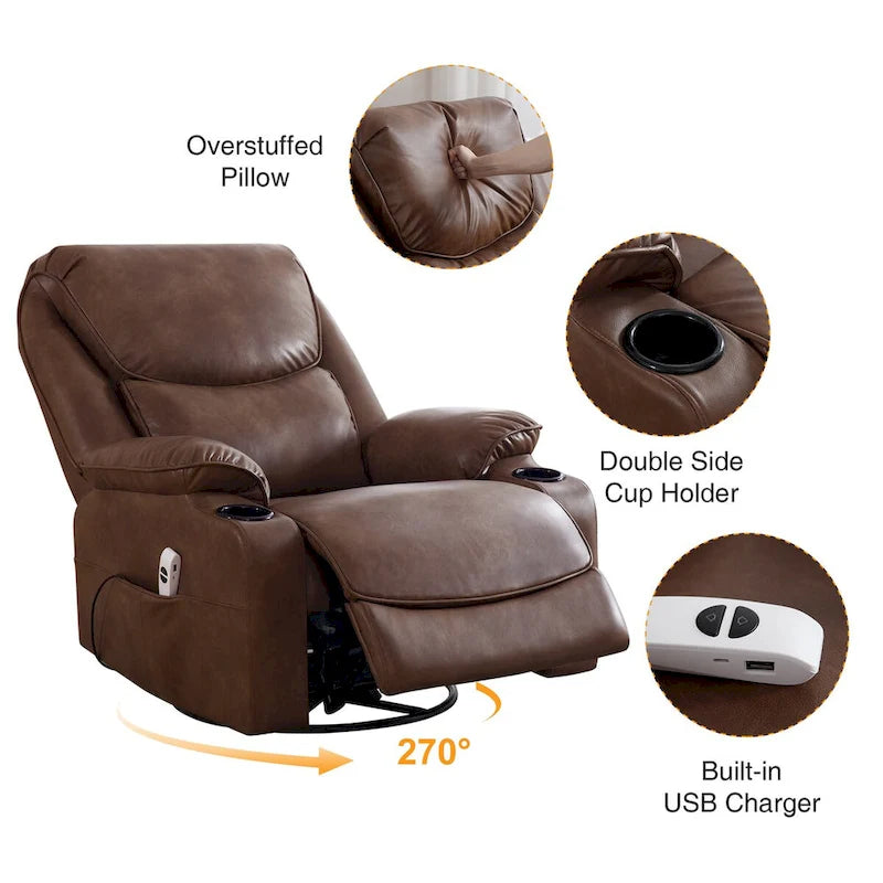 Fauteuil inclinable électrique pivotant et berçant en similicuir de 34,2 po de largeur avec port USB