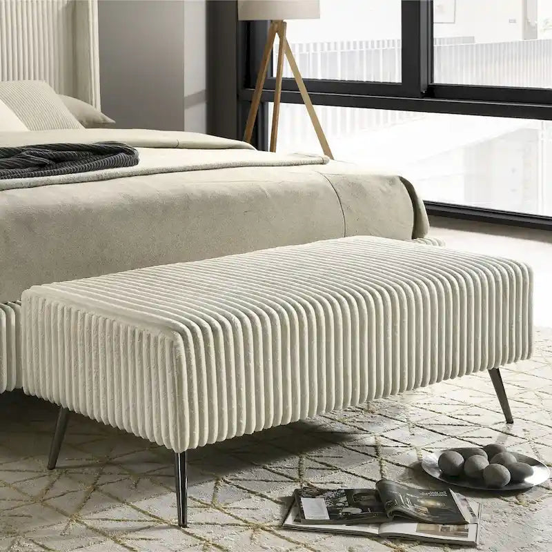 Banc de rangement capitonné en velours côtelé à grosses côtes avec pieds en bois massif pour chambre ou entrée