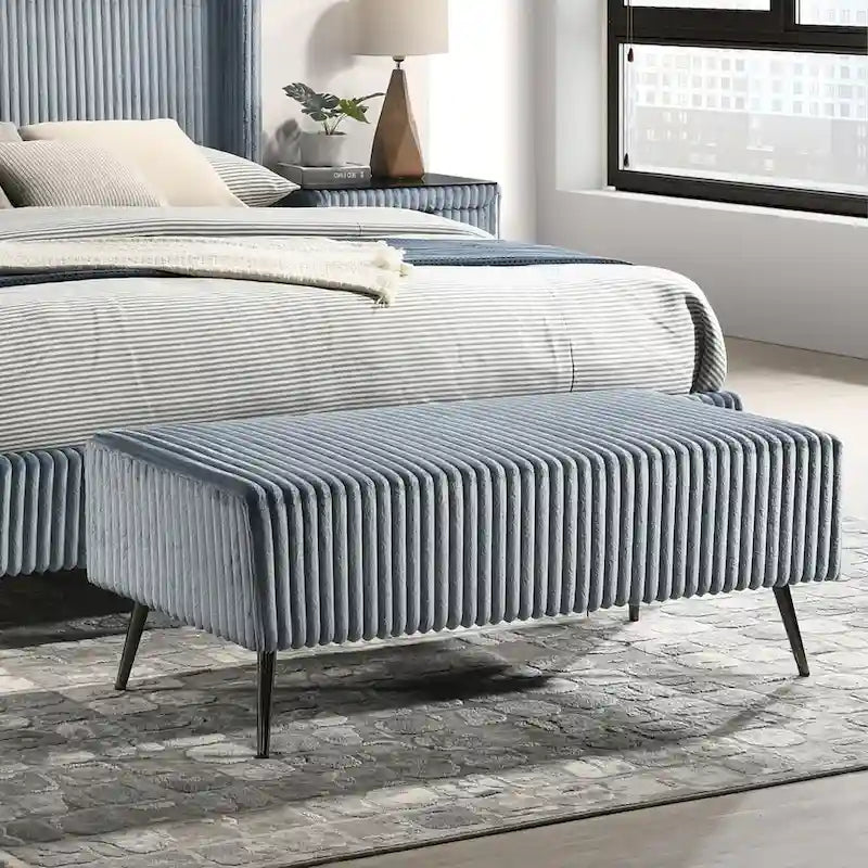 Banc de rangement capitonné en velours côtelé à grosses côtes avec pieds en bois massif pour chambre ou entrée