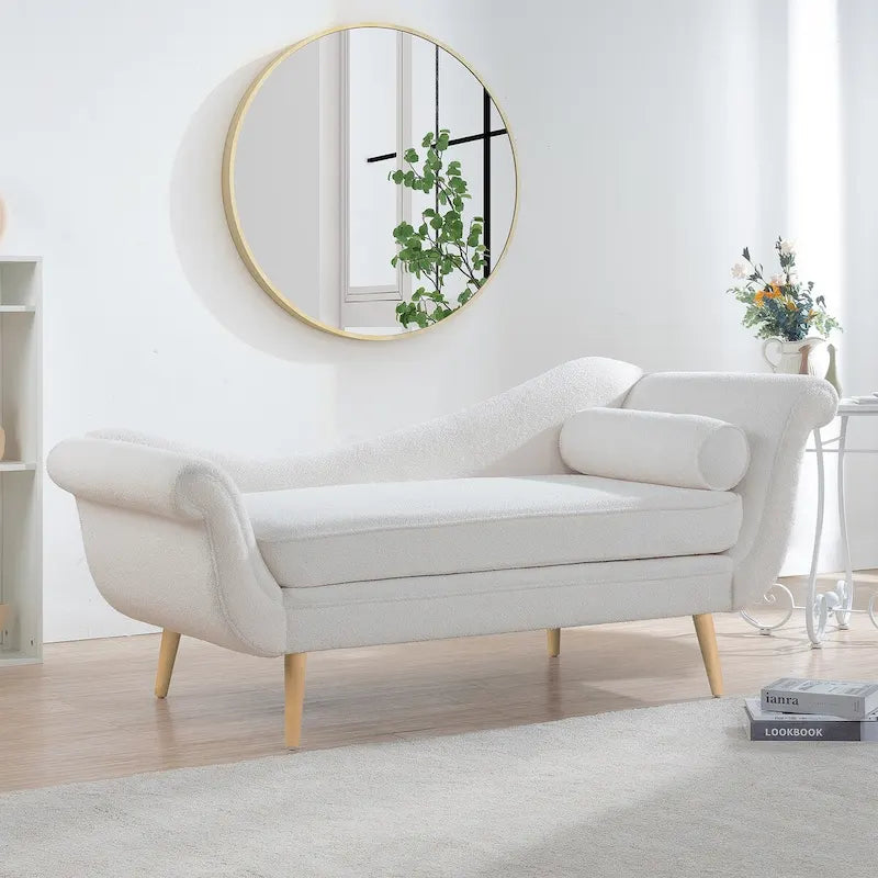 Chaise longue d'intérieur avec accoudoirs en volute, fauteuil inclinable rembourré avec traversin et pieds en bois massif