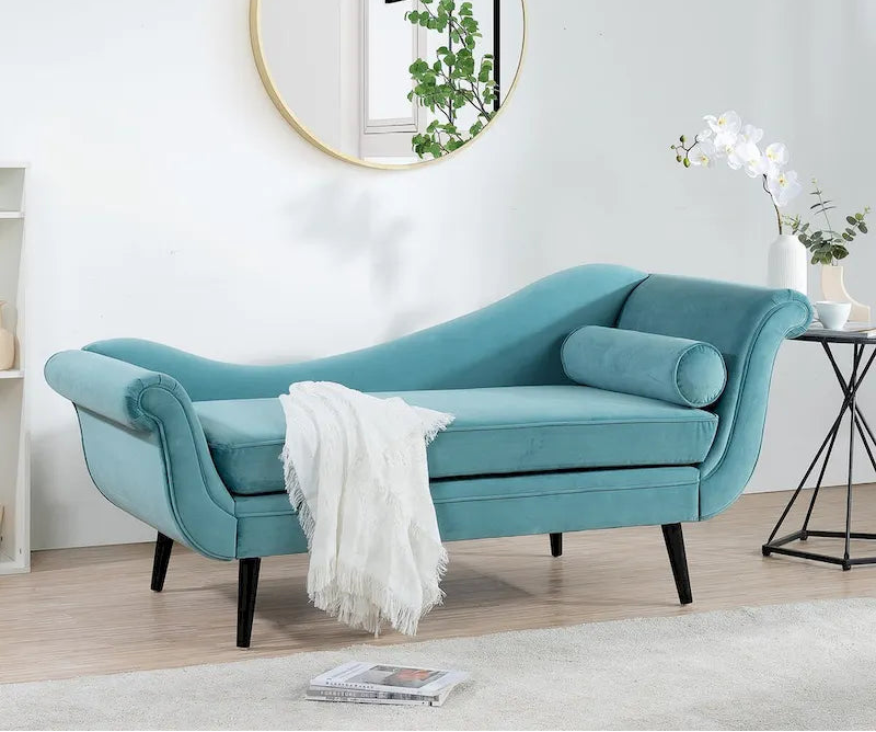 Chaise Lounge Indoor with Scroll Arms,Upholstered Chair Recliner Couch with Rolled Accent Pillow and Solid Wood Legs