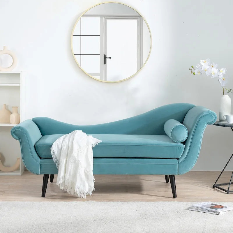 Chaise longue d'intérieur avec accoudoirs en volute, fauteuil inclinable rembourré avec traversin et pieds en bois massif
