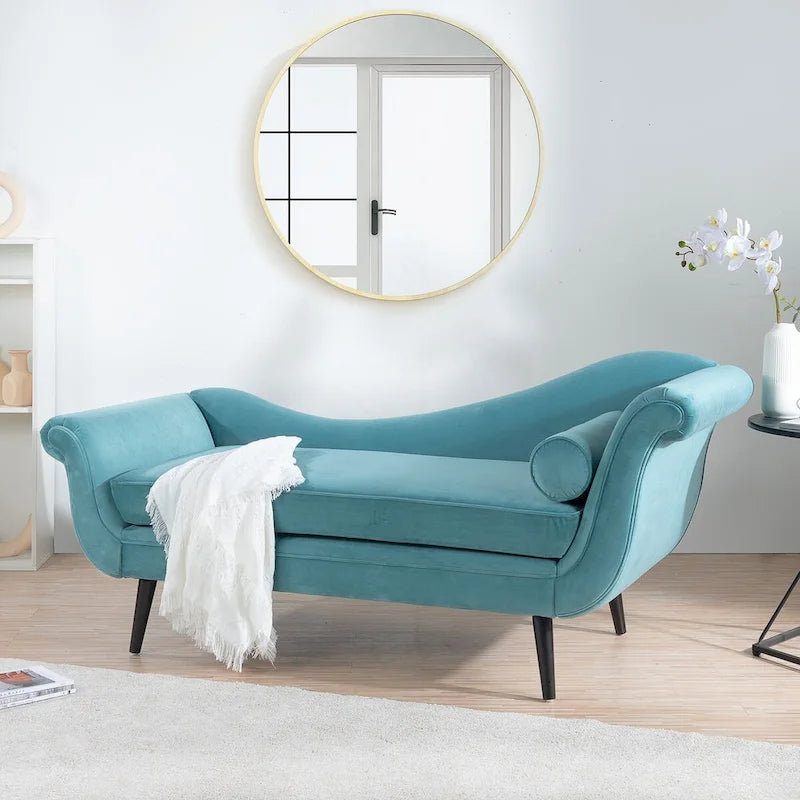 Chaise longue d'intérieur avec accoudoirs en volute, fauteuil inclinable rembourré avec traversin et pieds en bois massif
