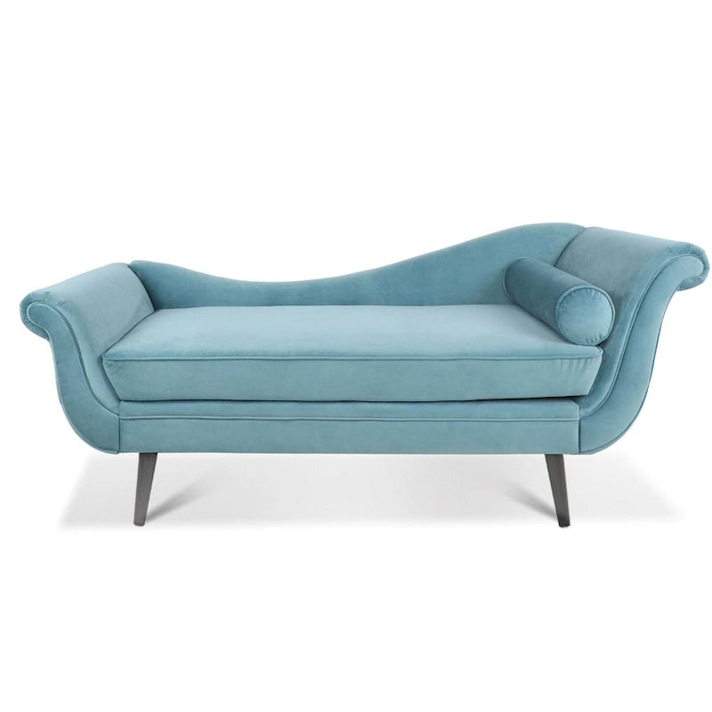 Chaise longue d'intérieur avec accoudoirs en volute, fauteuil inclinable rembourré avec traversin et pieds en bois massif