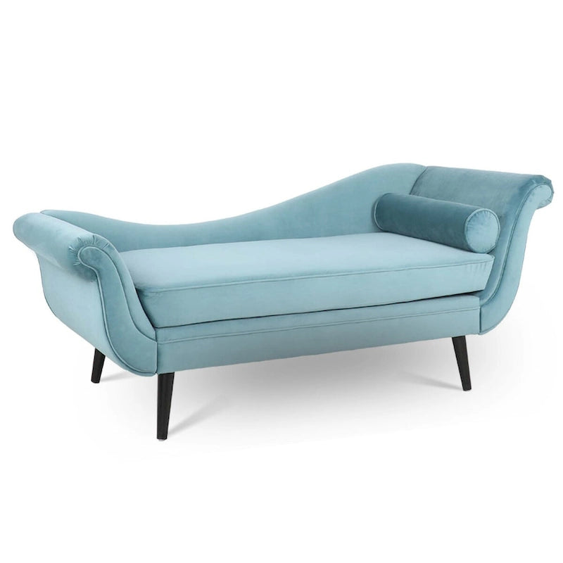 Chaise longue d'intérieur avec accoudoirs en volute, fauteuil inclinable rembourré avec traversin et pieds en bois massif