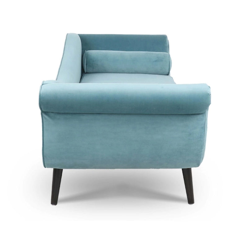 Chaise longue d'intérieur avec accoudoirs en volute, fauteuil inclinable rembourré avec traversin et pieds en bois massif