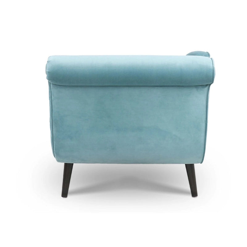 Chaise longue d'intérieur avec accoudoirs en volute, fauteuil inclinable rembourré avec traversin et pieds en bois massif
