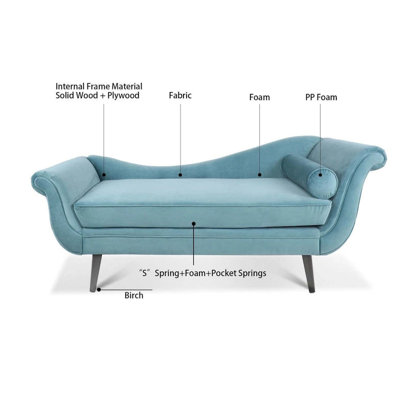 Chaise longue d'intérieur avec accoudoirs en volute, fauteuil inclinable rembourré avec traversin et pieds en bois massif