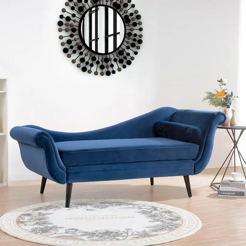 Chaise longue d'intérieur avec accoudoirs en volute, fauteuil inclinable rembourré avec traversin et pieds en bois massif