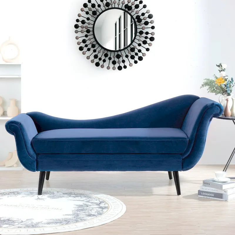 Chaise longue d'intérieur avec accoudoirs en volute, fauteuil inclinable rembourré avec traversin et pieds en bois massif
