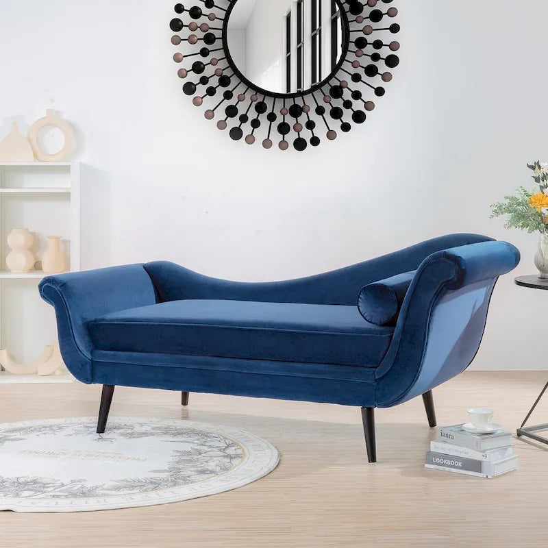 Chaise longue d'intérieur avec accoudoirs en volute, fauteuil inclinable rembourré avec traversin et pieds en bois massif