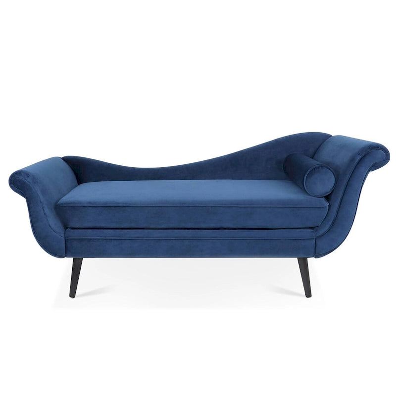 Chaise longue d'intérieur avec accoudoirs en volute, fauteuil inclinable rembourré avec traversin et pieds en bois massif