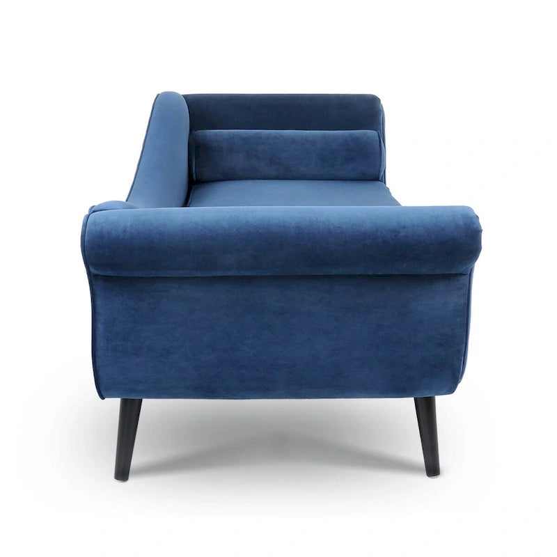 Chaise longue d'intérieur avec accoudoirs en volute, fauteuil inclinable rembourré avec traversin et pieds en bois massif