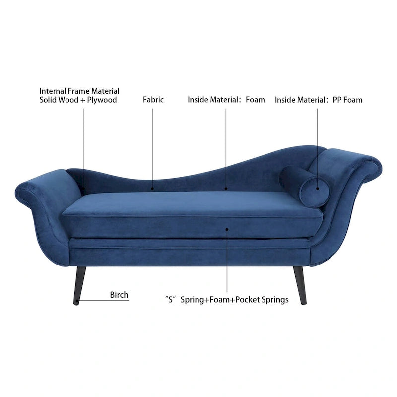Chaise longue d'intérieur avec accoudoirs en volute, fauteuil inclinable rembourré avec traversin et pieds en bois massif