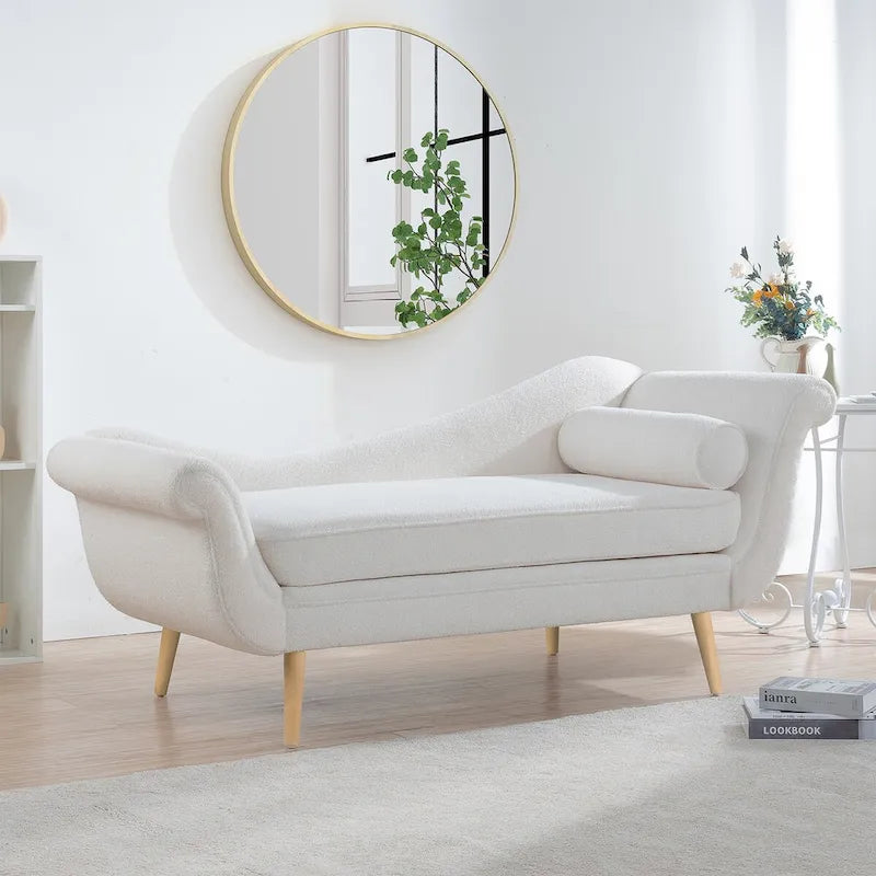 Chaise longue d'intérieur avec accoudoirs en volute, fauteuil inclinable rembourré avec traversin et pieds en bois massif