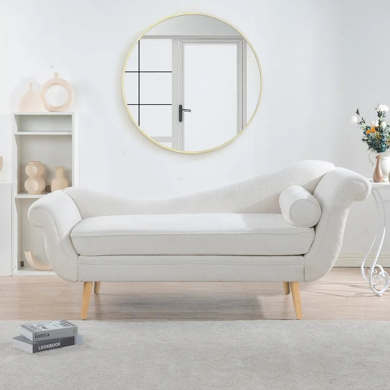 Chaise longue d'intérieur avec accoudoirs en volute, fauteuil inclinable rembourré avec traversin et pieds en bois massif