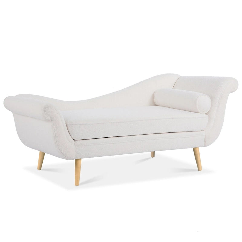 Chaise longue d'intérieur avec accoudoirs en volute, fauteuil inclinable rembourré avec traversin et pieds en bois massif