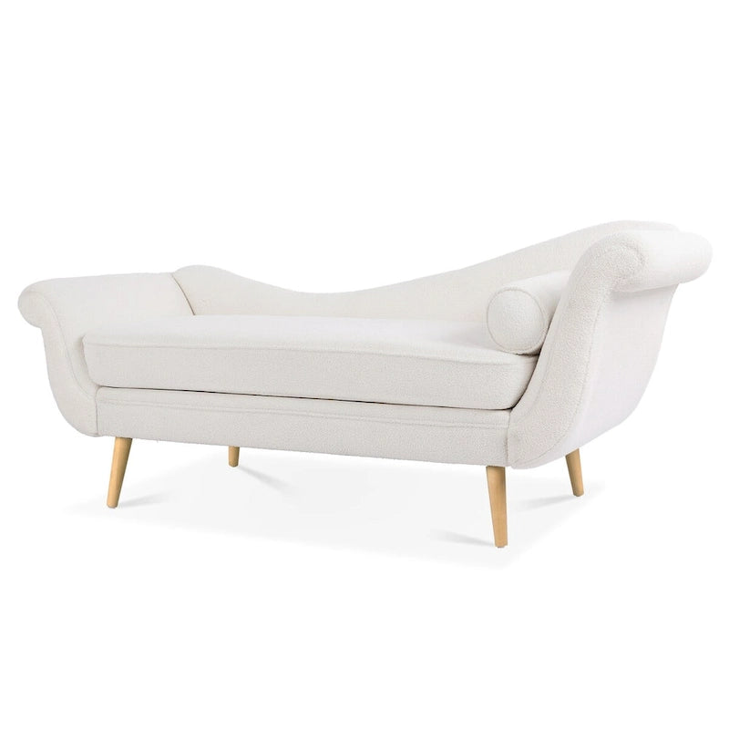 Chaise longue d'intérieur avec accoudoirs en volute, fauteuil inclinable rembourré avec traversin et pieds en bois massif
