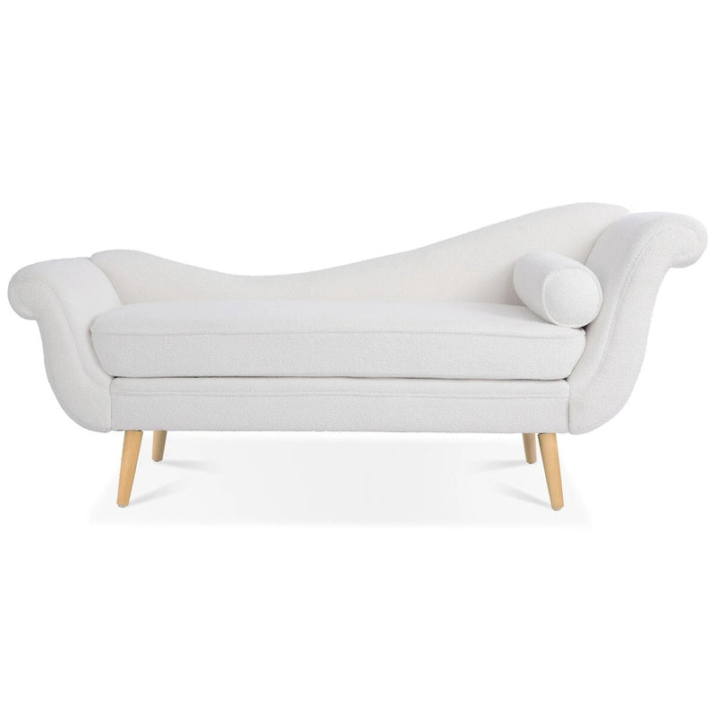 Chaise longue d'intérieur avec accoudoirs en volute, fauteuil inclinable rembourré avec traversin et pieds en bois massif