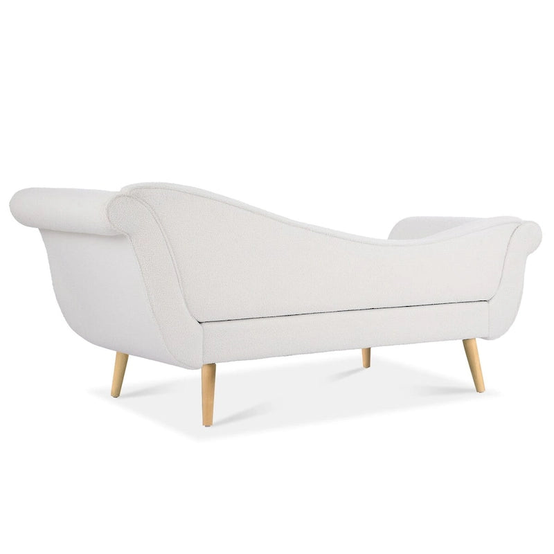 Chaise longue d'intérieur avec accoudoirs en volute, fauteuil inclinable rembourré avec traversin et pieds en bois massif
