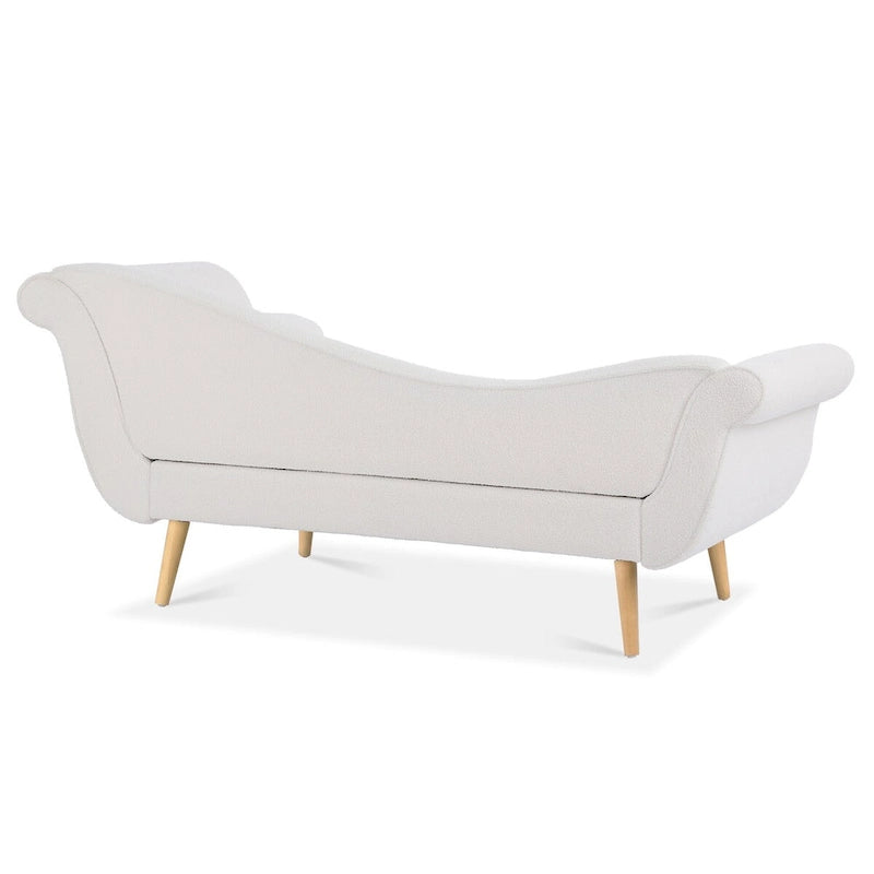 Chaise longue d'intérieur avec accoudoirs en volute, fauteuil inclinable rembourré avec traversin et pieds en bois massif