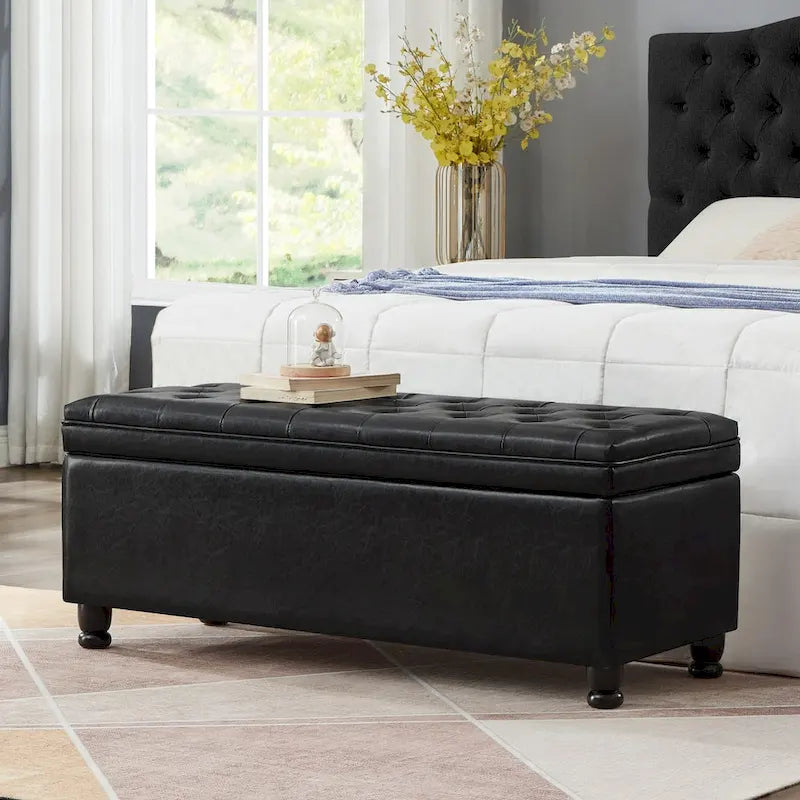 Upholstered Tufted Button Storage Bench with Spindle Wooden Legs