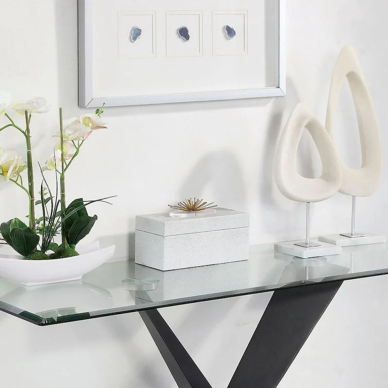 Table console Glam Black avec plateau en verre trempé et base en X en acier, 122 cm