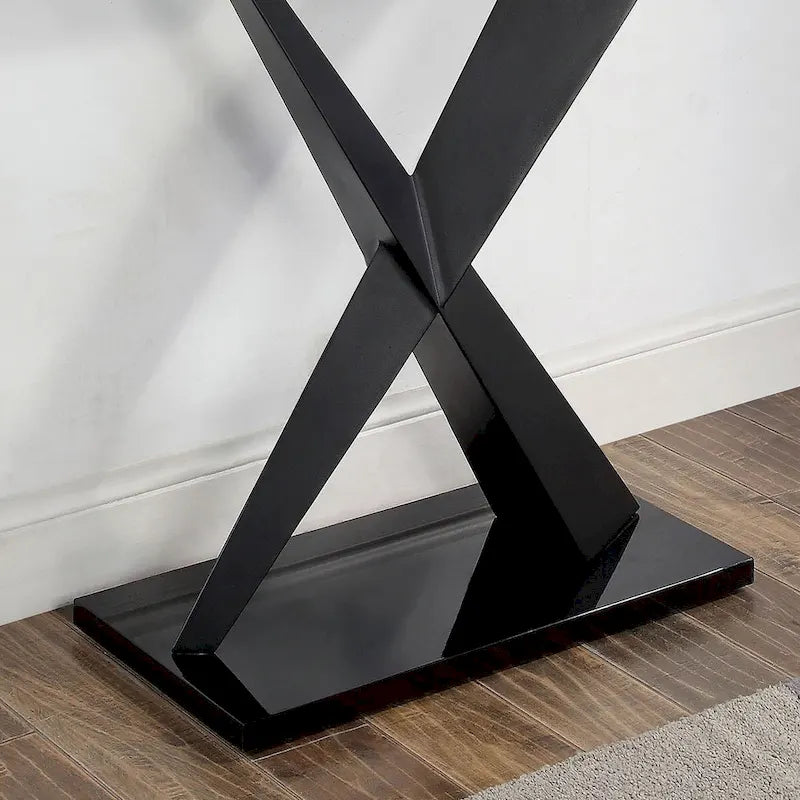 Table console Glam Black avec plateau en verre trempé et base en X en acier, 122 cm