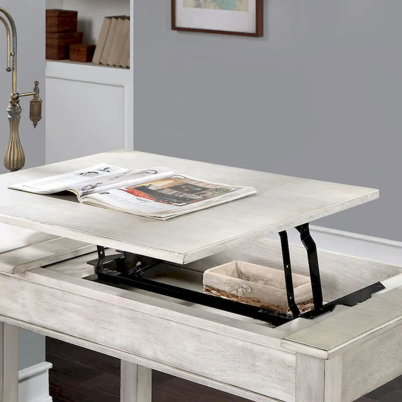 Bureau d'angle blanc antique en bois style ferme avec plateau relevable et port USB