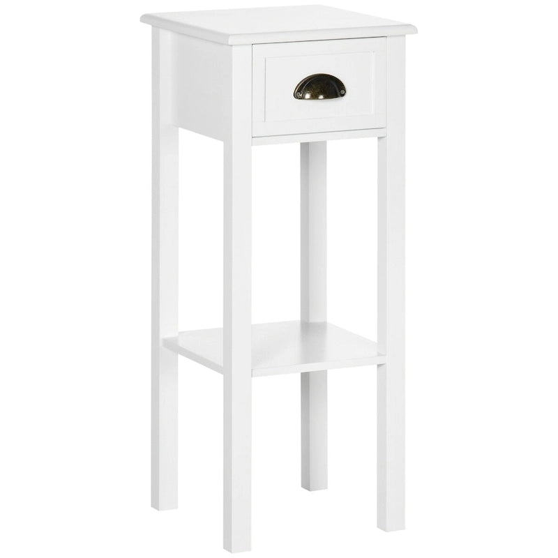 Table d'appoint à 2 niveaux avec tiroir, Table d'appoint étroite avec étagère inférieure, pour salon ou chambre à coucher, Blanche