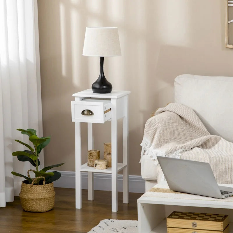 Table d'appoint à 2 niveaux avec tiroir, Table d'appoint étroite avec étagère inférieure, pour salon ou chambre à coucher, Blanche