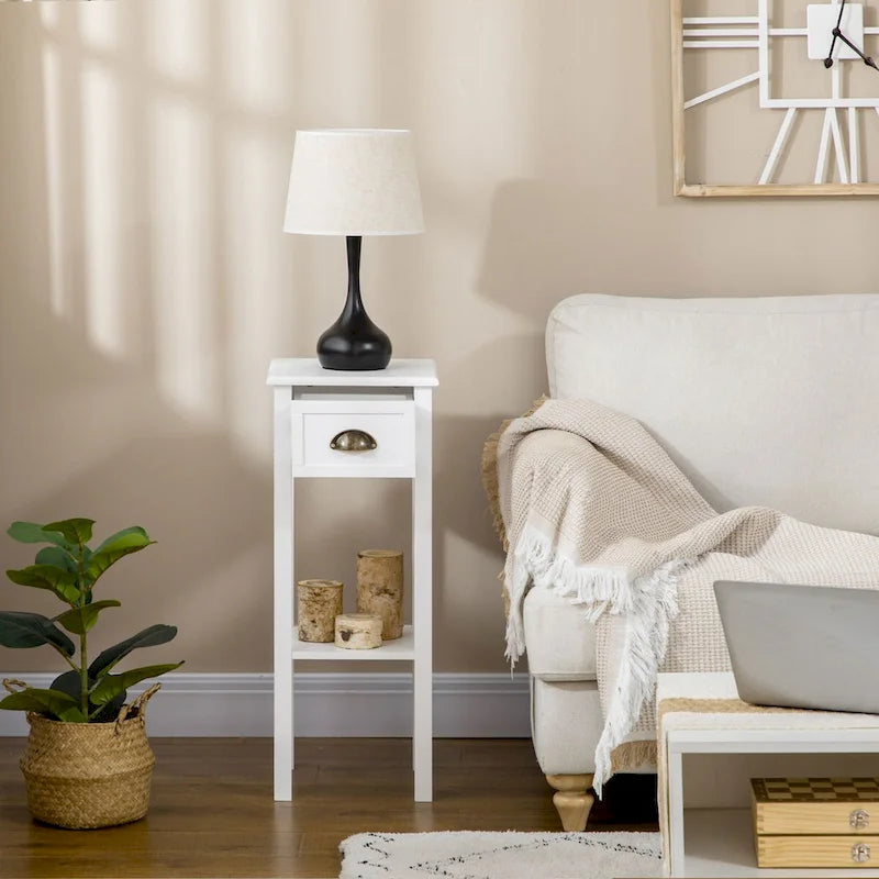 Table d'appoint à 2 niveaux avec tiroir, Table d'appoint étroite avec étagère inférieure, pour salon ou chambre à coucher, Blanche