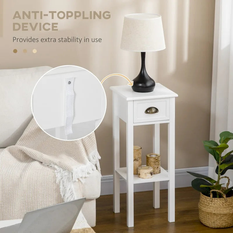 Table d'appoint à 2 niveaux avec tiroir, Table d'appoint étroite avec étagère inférieure, pour salon ou chambre à coucher, Blanche