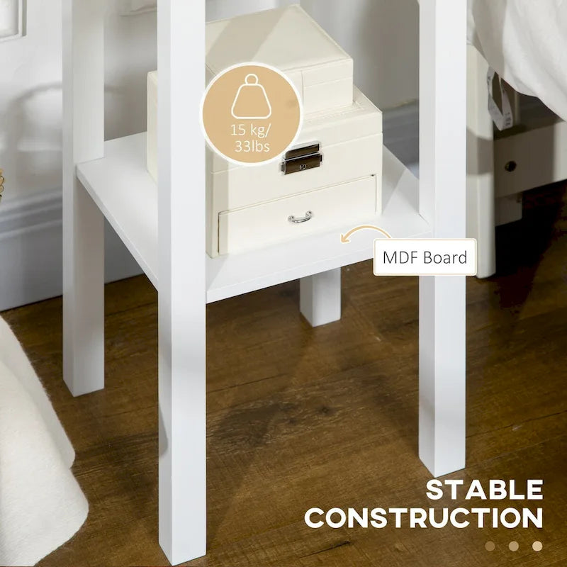 Table d'appoint à 2 niveaux avec tiroir, Table d'appoint étroite avec étagère inférieure, pour salon ou chambre à coucher, Blanche