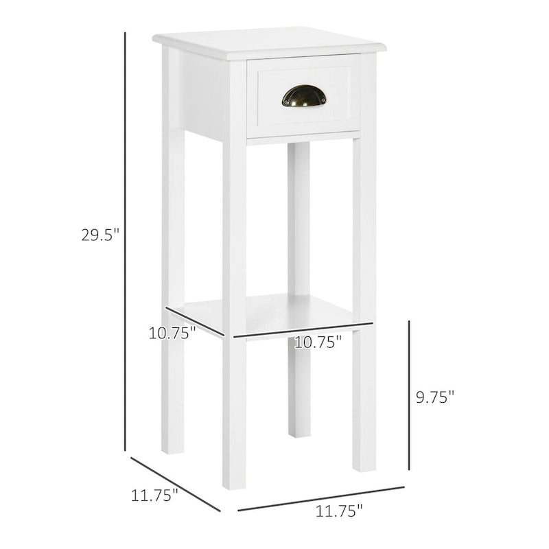 Table d'appoint à 2 niveaux avec tiroir, Table d'appoint étroite avec étagère inférieure, pour salon ou chambre à coucher, Blanche