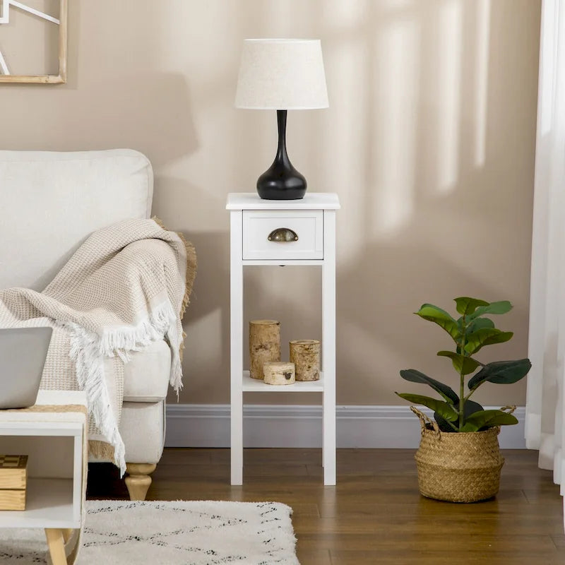 Table d'appoint à 2 niveaux avec tiroir, Table d'appoint étroite avec étagère inférieure, pour salon ou chambre à coucher, Blanche