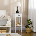 Table d'appoint à 2 niveaux avec tiroir, Table d'appoint étroite avec étagère inférieure, pour salon ou chambre à coucher, Blanche