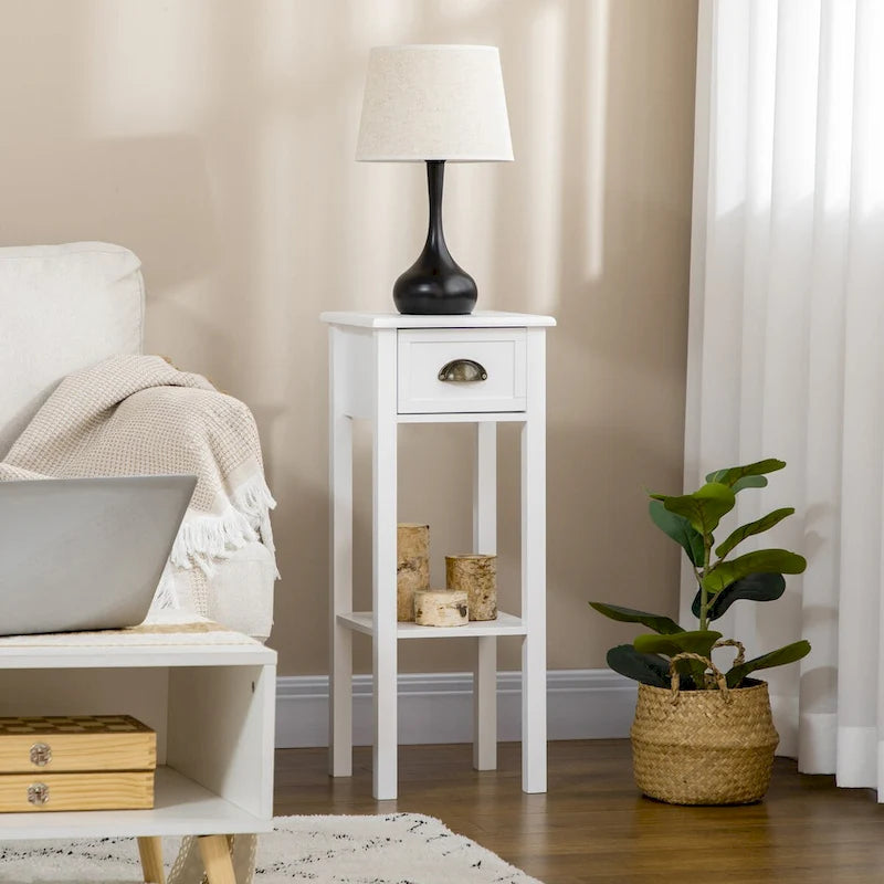 Table d'appoint à 2 niveaux avec tiroir, Table d'appoint étroite avec étagère inférieure, pour salon ou chambre à coucher, Blanche
