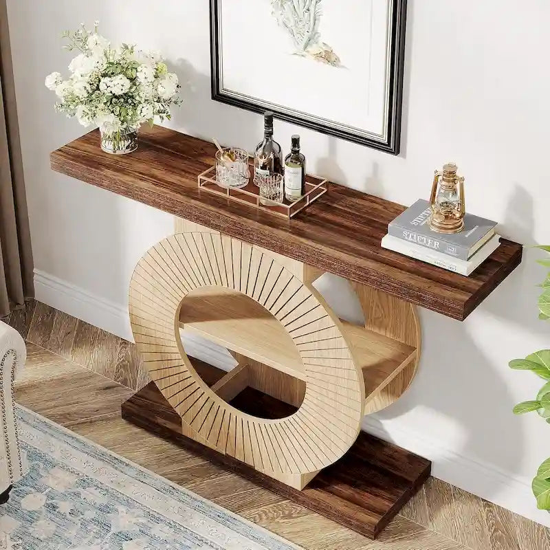 Console rustique en bois avec étagères de rangement pour salon