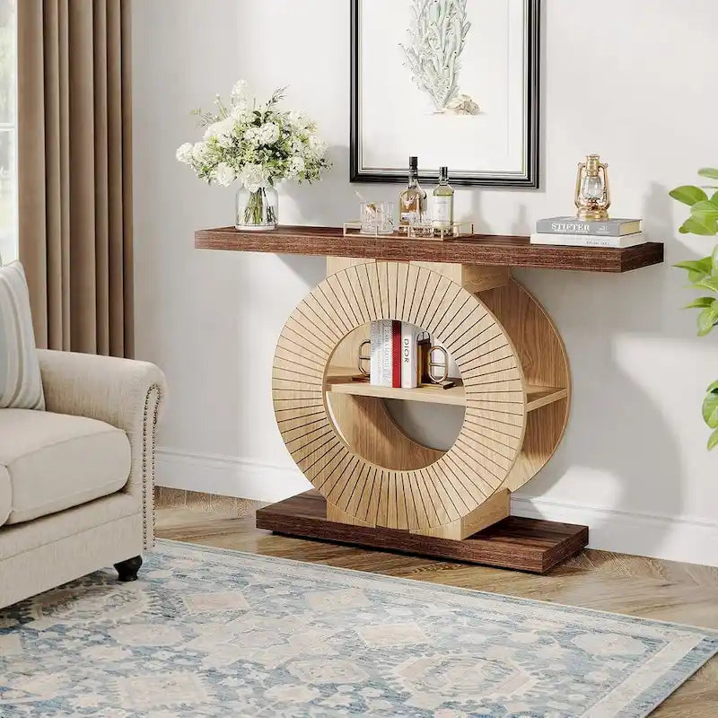 Console rustique en bois avec étagères de rangement pour salon
