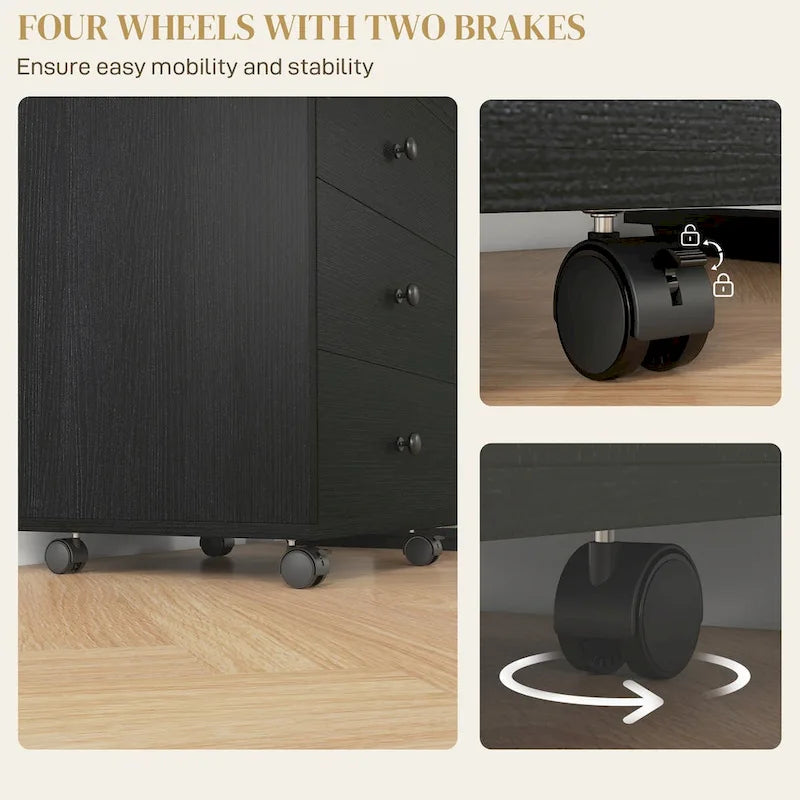 Meuble de rangement à 3 tiroirs pour bureau à domicile sur roulettes avec plateau amovible
