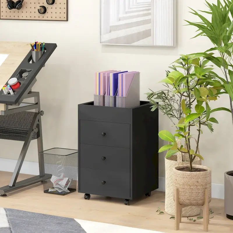 Meuble de rangement à 3 tiroirs pour bureau à domicile sur roulettes avec plateau amovible