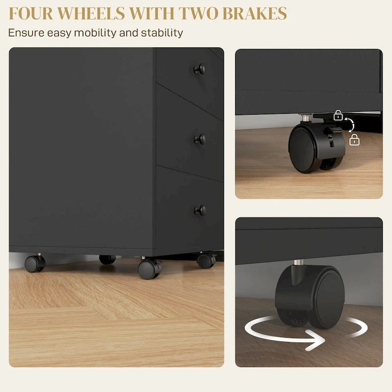 Meuble de rangement à 3 tiroirs pour bureau à domicile sur roulettes avec plateau amovible